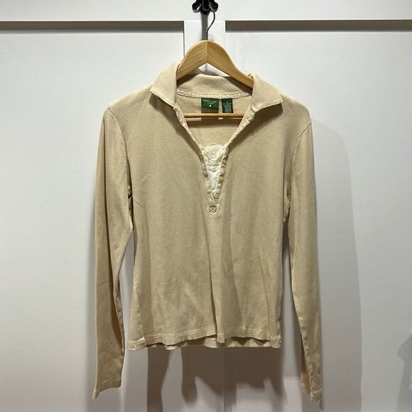 Long sleeve tan 3/4 button up Henley, vintage size large - Picture 3 of 8